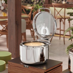 Acopa Manchester 11 Qt. Round Stainless Steel Soup Induction Chafer with Glass Top and Soft Close Lid
