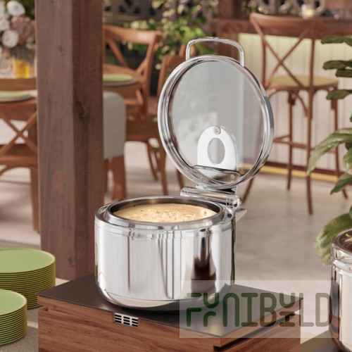 Acopa Manchester 11 Qt. Round Stainless Steel Soup Induction Chafer with Glass Top and Soft Close Lid