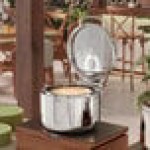 Acopa Manchester 11 Qt. Round Stainless Steel Soup Induction Chafer with Glass Top and Soft Close Lid