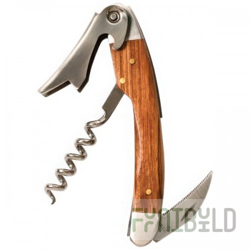 Franmara Straight Stainless Steel Waiter's Corkscrew with Brown Wood Inset Handle 3193