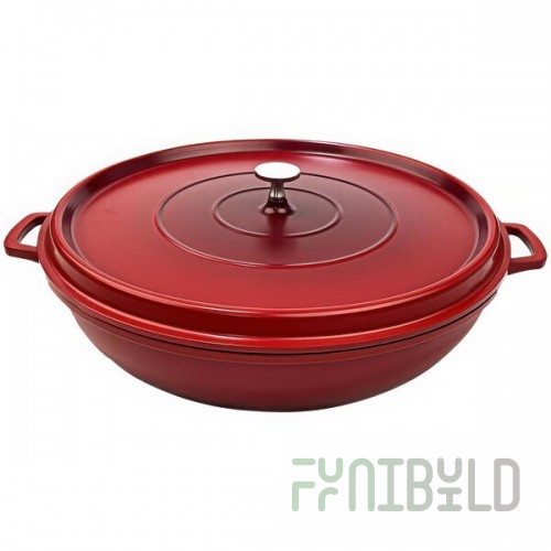 GET Heiss 7.5 Qt. Red Enamel Coated Cast Aluminum Round Brazier / Paella Pan with Lid CA-015-R/BK/CC