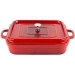 GET Heiss 7.5 Qt. Red Enamel Coated Cast Aluminum Round Brazier / Paella Pan with Lid CA-015-R/BK/CC