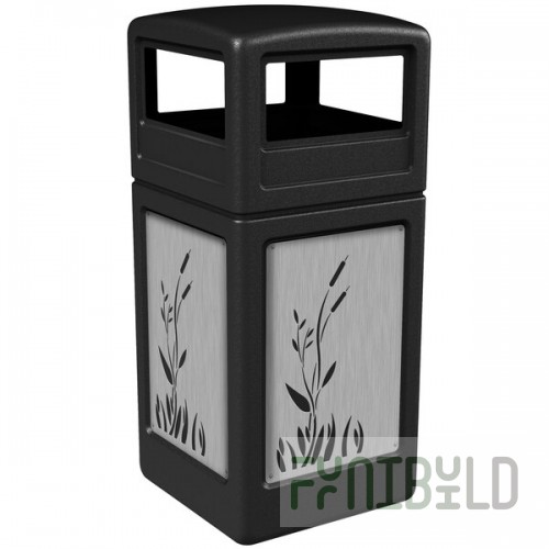 Commercial Zone 732996199 42 Gallon Black Square Trash Can with Stainless Steel Cattail Panels and Dome Lid