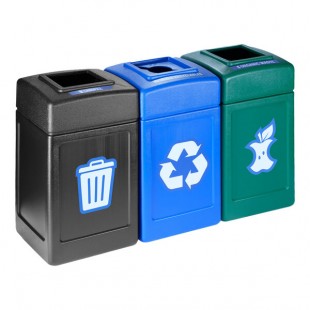 Commercial Zone Polytec 73246399 126 Gallon 3-Stream Polyethylene Square Landfill / Recycling / Compost Bins with Open Top Lids