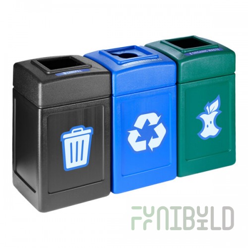 Commercial Zone Polytec 73246399 126 Gallon 3-Stream Polyethylene Square Landfill / Recycling / Compost Bins with Open Top Lids