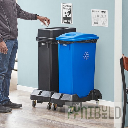 Lavex 46 Gallon 2-Stream Slim Rectangular Mobile Recycle Station with Black Drop Shot and Blue Bottle / Can Lids