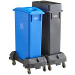 Lavex 46 Gallon 2-Stream Slim Rectangular Mobile Recycle Station with Black Drop Shot and Blue Bottle / Can Lids