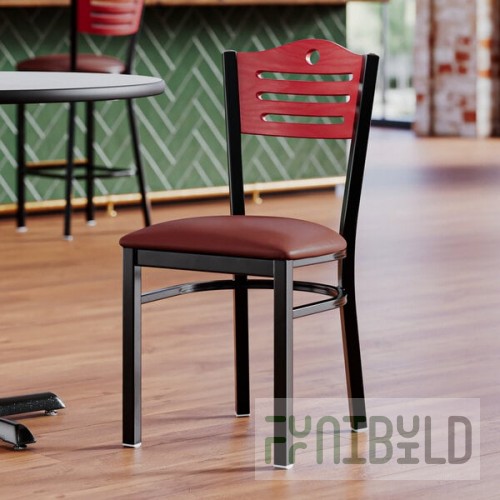 Lancaster Table & Seating Black Finish Side Chair with Burgundy Vinyl Seat and Mahogany Wood Back - Assembled