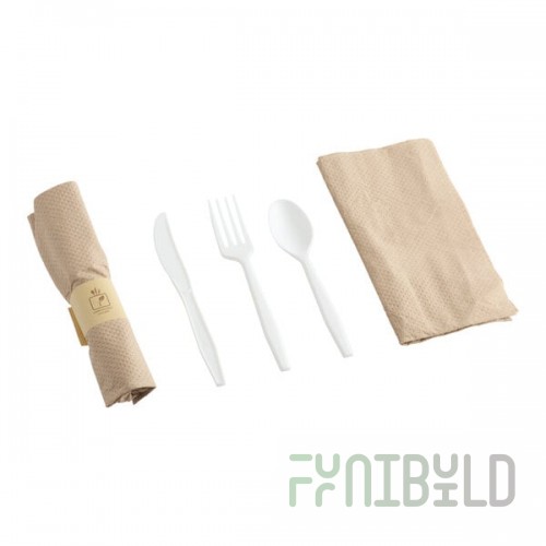 Fineline 42CRFSK.WH Conserveware Pre-Rolled Napkin and White CPLA Flatware and Utensils Kit - 100/Case
