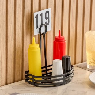 Choice Black Half Round Flat Coil Wrought Iron Condiment Caddy with Card Holder - 8