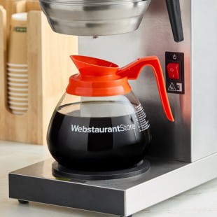 WebstaurantStore Logo 64 oz. Glass Coffee Decanter with Orange Handle by Avantco Equipment