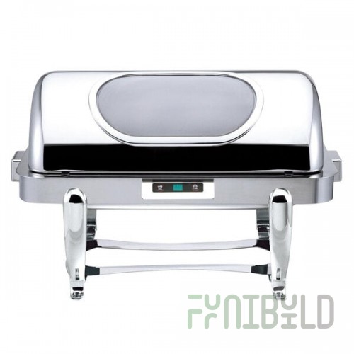Bon Chef 16040CH Roman Elite 6 Qt. Rectangular Chrome Electric Chafer with Automatic Open / Close Lid and Glass Window