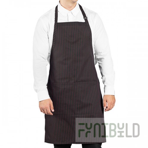 Uncommon Chef 3018 Black and Red Pinstripe Customizable Poly-Cotton Butcher Bib Apron with 2 Pockets - 34