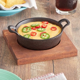 Valor 12 oz. Pre-Seasoned Mini Cast Iron Round Serving Bowl with Square Rustic Chestnut Finish Rubberwood Underliner Valor 12 oz. Pre-Seasoned Mini Cast Iron Round Serving Bowl with Square Rustic Chestnut Finish Rubberwood Underliner