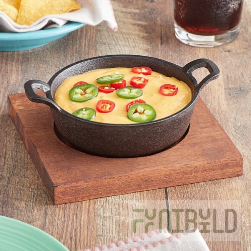 Valor 12 oz. Pre-Seasoned Mini Cast Iron Round Serving Bowl with Square Rustic Chestnut Finish Rubberwood Underliner