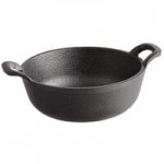 Valor 12 oz. Pre-Seasoned Mini Cast Iron Round Serving Bowl with Square Rustic Chestnut Finish Rubberwood Underliner