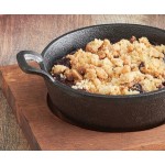 Valor 12 oz. Pre-Seasoned Mini Cast Iron Round Serving Bowl with Square Rustic Chestnut Finish Rubberwood Underliner