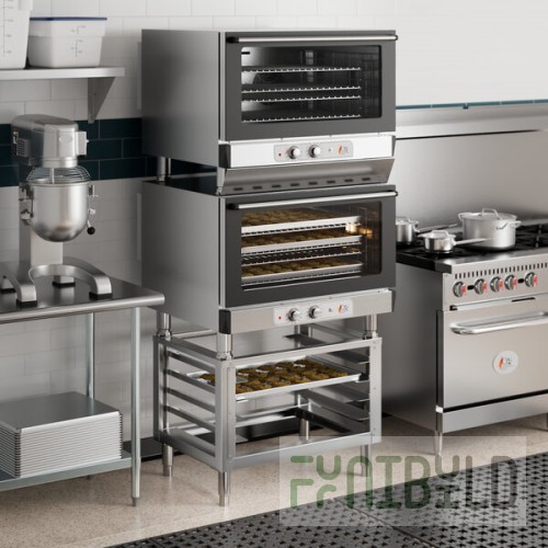 Cooking Performance Group COF-T4-M Double Stacked Electric Thermostatic 4 Tray Full Size Convection Oven with Moisture Injection and Stand - 208-240V