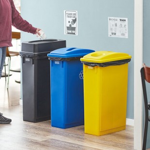 Lavex 69 Gallon 3-Stream Slim Rectangular Recycle Station with Black Drop Shot, Blue Paper Slot, and Yellow Bottle / Can Lids
