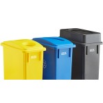 Lavex 69 Gallon 3-Stream Slim Rectangular Recycle Station with Black Drop Shot, Blue Paper Slot, and Yellow Bottle / Can Lids Lavex 69 Gallon 3-Stream Slim Rectangular Recycle Station with Black Drop Shot, Blue Paper Slot, and Yellow Bottle / Can Lids