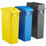 Lavex 69 Gallon 3-Stream Slim Rectangular Recycle Station with Black Drop Shot, Blue Paper Slot, and Yellow Bottle / Can Lids Lavex 69 Gallon 3-Stream Slim Rectangular Recycle Station with Black Drop Shot, Blue Paper Slot, and Yellow Bottle / Can Lids