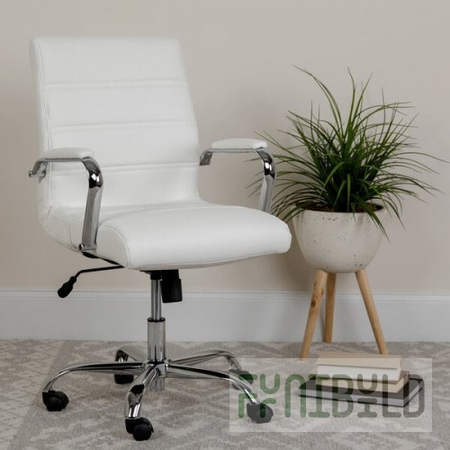 Flash Furniture GO-2286M-WH-GG Mid-Back White Leather Swivel Office Chair with Chrome Base and Arms