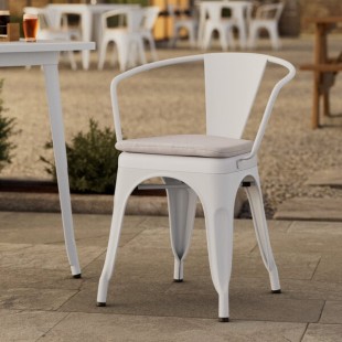 Lancaster Table & Seating Alloy Pearl White Outdoor Arm Chair with Gray Fabric Magnetic Cushion