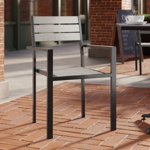 Lancaster Table & Seating Axel Black Powder-Coated Outdoor Chair with Gray Faux Teak Slat Seat and Arms Lancaster Table & Seating Axel Black Powder-Coated Outdoor Chair with Gray Faux Teak Slat Seat and Arms