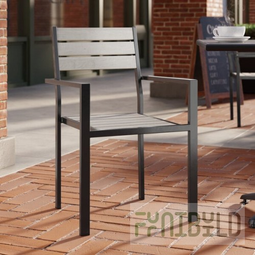 Lancaster Table & Seating Axel Black Powder-Coated Outdoor Chair with Gray Faux Teak Slat Seat and Arms