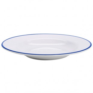 GET B-220-W/CB Settlement Bistro 24 oz. White Enamelware Melamine Large Bowl with Cobalt Blue Trim - 12/Case