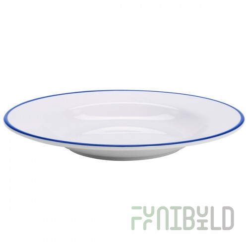 GET B-220-W/CB Settlement Bistro 24 oz. White Enamelware Melamine Large Bowl with Cobalt Blue Trim - 12/Case