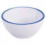 GET B-220-W/CB Settlement Bistro 24 oz. White Enamelware Melamine Large Bowl with Cobalt Blue Trim - 12/Case