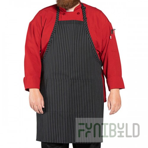 Uncommon Chef 3018 Black and White Pinstripe Customizable Poly-Cotton Butcher Bib Apron with 2 Pockets - 34