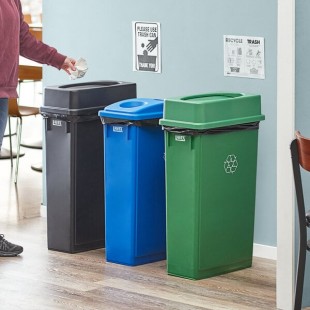Lavex 69 Gallon 3-Stream Slim Rectangular Recycle Station with Black Drop Shot, Green Drop Shot, and Blue Bottle / Can Lids
