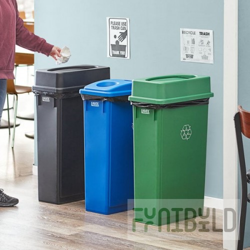 Lavex 69 Gallon 3-Stream Slim Rectangular Recycle Station with Black Drop Shot, Green Drop Shot, and Blue Bottle / Can Lids