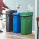Lavex 69 Gallon 3-Stream Slim Rectangular Recycle Station with Black Drop Shot, Green Drop Shot, and Blue Bottle / Can Lids Lavex 69 Gallon 3-Stream Slim Rectangular Recycle Station with Black Drop Shot, Green Drop Shot, and Blue Bottle / Can Lids