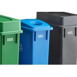 Lavex 69 Gallon 3-Stream Slim Rectangular Recycle Station with Black Drop Shot, Green Drop Shot, and Blue Bottle / Can Lids Lavex 69 Gallon 3-Stream Slim Rectangular Recycle Station with Black Drop Shot, Green Drop Shot, and Blue Bottle / Can Lids