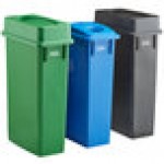 Lavex 69 Gallon 3-Stream Slim Rectangular Recycle Station with Black Drop Shot, Green Drop Shot, and Blue Bottle / Can Lids Lavex 69 Gallon 3-Stream Slim Rectangular Recycle Station with Black Drop Shot, Green Drop Shot, and Blue Bottle / Can Lids