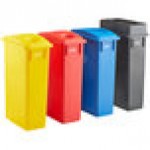Lavex 69 Gallon 3-Stream Slim Rectangular Recycle Station with Black Drop Shot, Green Drop Shot, and Blue Bottle / Can Lids Lavex 69 Gallon 3-Stream Slim Rectangular Recycle Station with Black Drop Shot, Green Drop Shot, and Blue Bottle / Can Lids