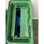 Lavex 69 Gallon 3-Stream Slim Rectangular Recycle Station with Black Drop Shot, Green Drop Shot, and Blue Bottle / Can Lids Lavex 69 Gallon 3-Stream Slim Rectangular Recycle Station with Black Drop Shot, Green Drop Shot, and Blue Bottle / Can Lids