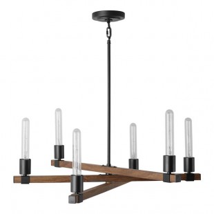 Globe Industrial Matte Black / Faux Wood Chandelier - 120V, 60W