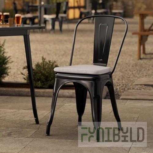 Lancaster Table & Seating Alloy Onyx Black Outdoor Cafe Chair with Gray Fabric Magnetic Cushion