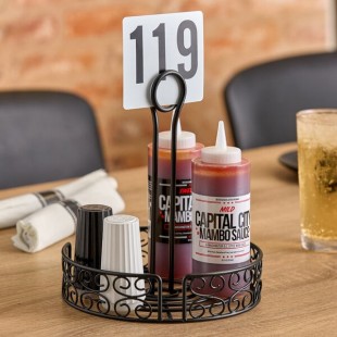 Choice Black Round Mediterranean Wrought Iron Condiment Caddy with Card Holder - 8