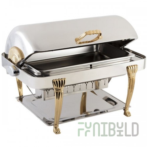 Bon Chef 14040 Elite Rectangle 8 Qt. Dripless Stainless Steel with 24K Gold Accents Roll Top Chafer with Aurora Legs