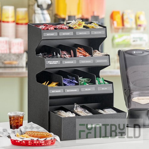 ServSense Black 15-Section Countertop Condiment Organizer with Bottom Drawer - 16