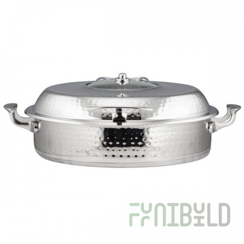 Bon Chef 60032HFSHL Cucina 9 Qt. Stainless Steel Induction Hammered Brazier Pan with Slow Down Hinged Glass Cover