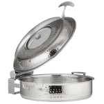 Bon Chef 60032HFSHL Cucina 9 Qt. Stainless Steel Induction Hammered Brazier Pan with Slow Down Hinged Glass Cover