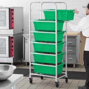 Regency Mobile Aluminum Lug Rack - 6 Lug Capacity - with Green Meat Lugs / Tote Boxes - Unassembled