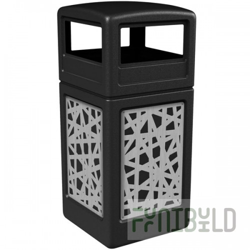 Commercial Zone 732926199 42 Gallon Black Square Trash Can with Stainless Steel Intermingle Panels and Dome Lid