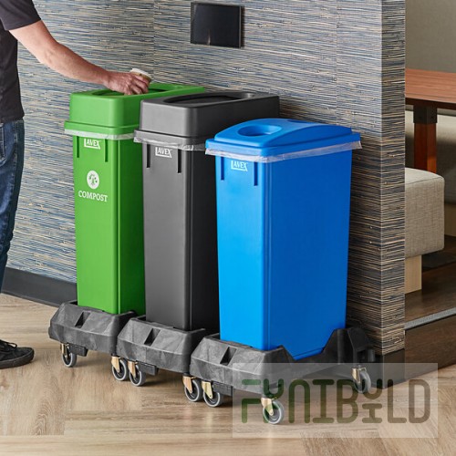 Lavex 69 Gallon 3-Stream Slim Rectangular Mobile Trash / Recycle / Compost Station with Black Drop Shot Lid, Green Drop Shot Lid, and Blue Can / Bottle Lid